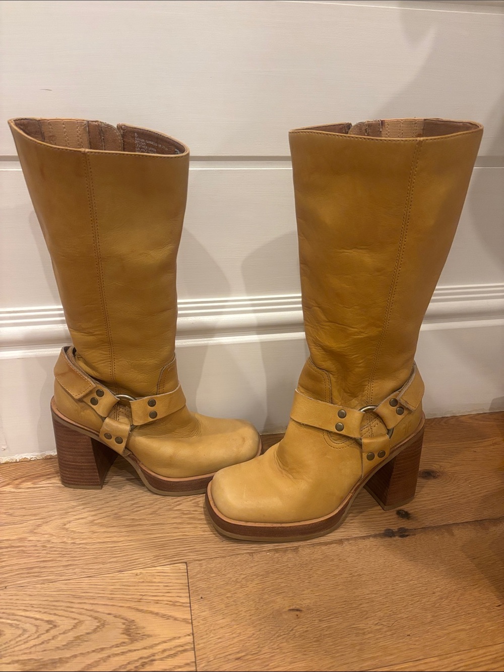 Frye Mustard Leather Harness Mid-Calf Heeled Boots